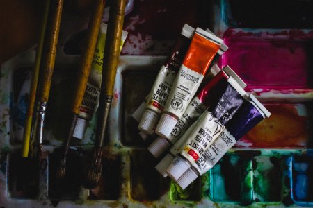 Photo Of Acrylic Paint Soft-tubes Beside Paintbrushes photo