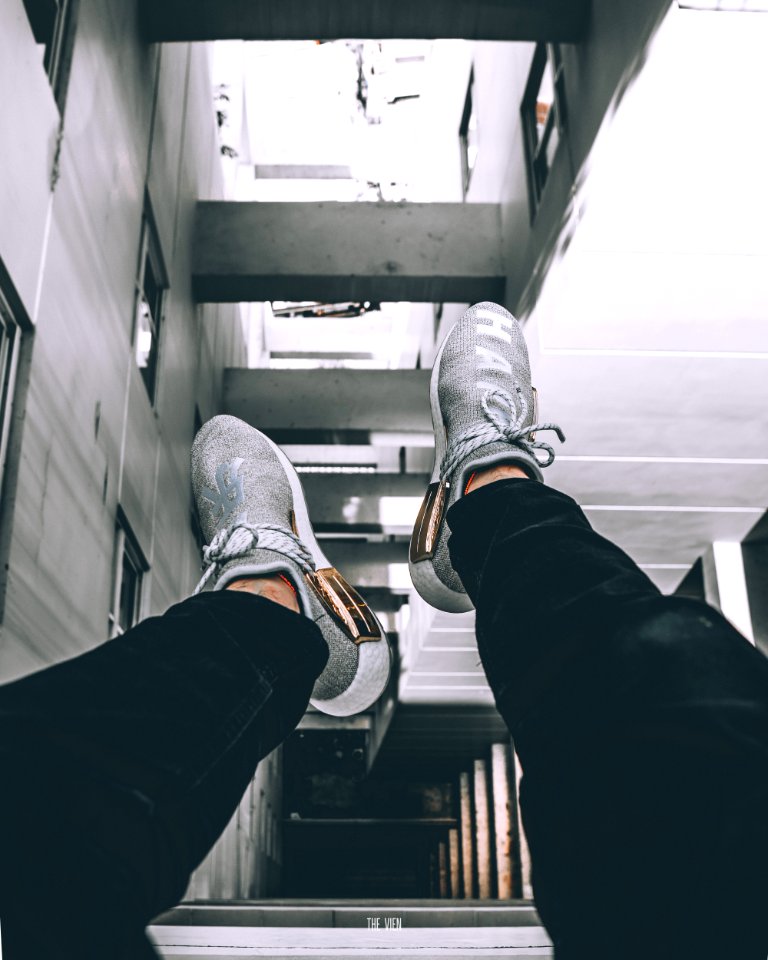 Pair Of Gray-and-white Athletic Shoes