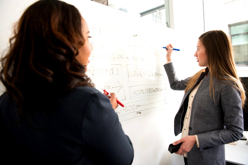 Two Women Standing In Front Of Rectangular Whiteboard
