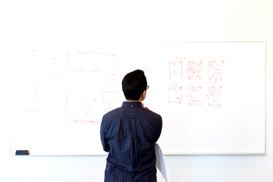 Man Wearing Blue Dress Shirt Facing Whiteboard