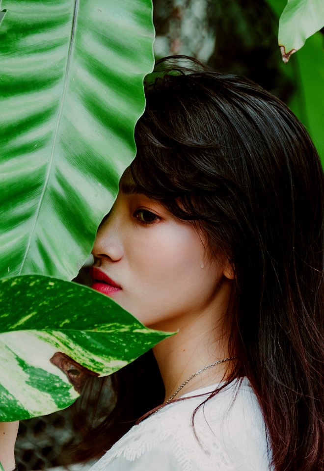 Portrait Photography Of Woman Behind The Leaves