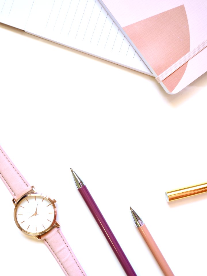 Flat Lay Photography Of Watch Near Pens And Notebook