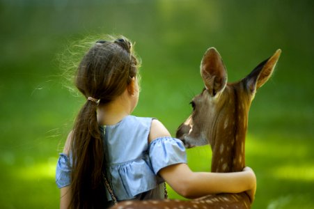 Girl Wearing Blue Top With Her Hand Around A Deer photo