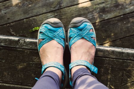 Person Wearing Pair Of Blue Leather Sandals photo