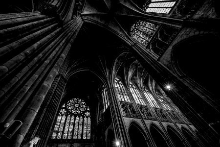 Grayscale Photography Of Cathedral Ceiling photo