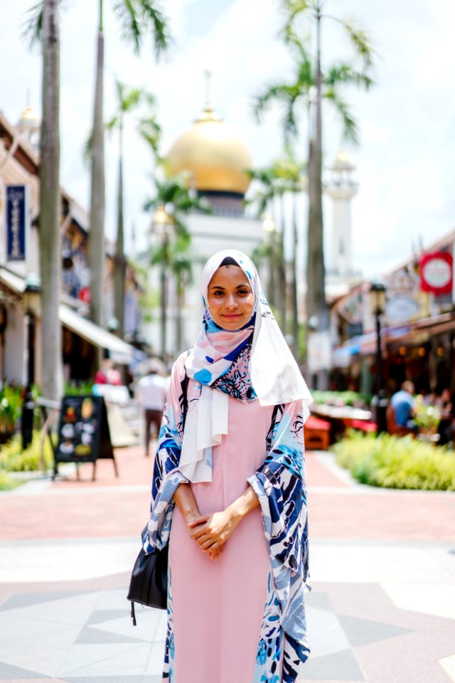 Woman Wearing Hijab And Abaya Dress While Standing With Mosque As Background