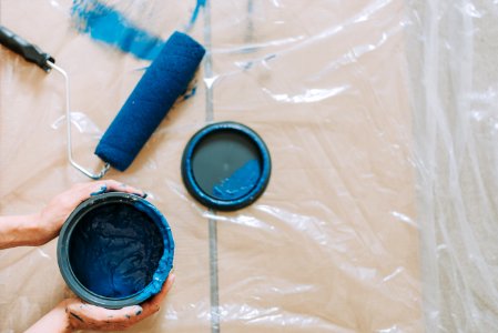 Blue Paint Beside Blue Paint Roller photo