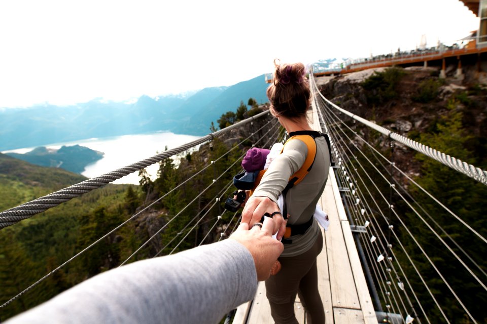 Woman With Yellow Backpack Standing On Hanging Bridge With Trees