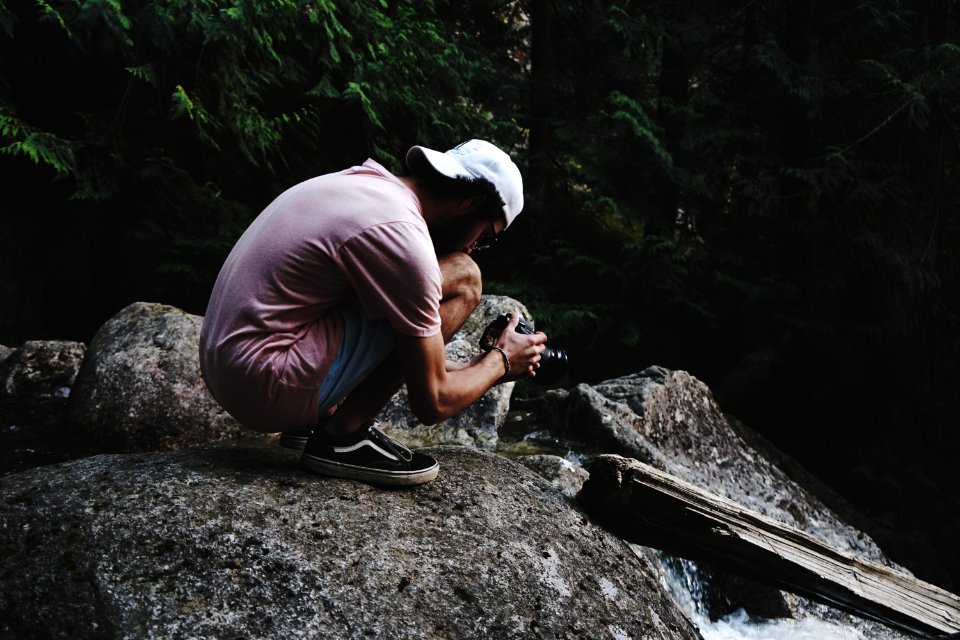 Man Wearing Pink Shirt Holding Dslr Camera