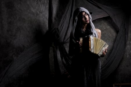 Woman Wearing Gray Scarf Holding Accordion photo