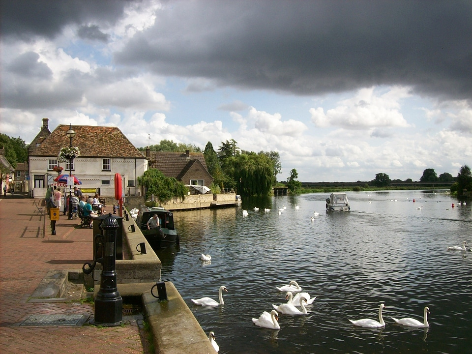 Village buildings river