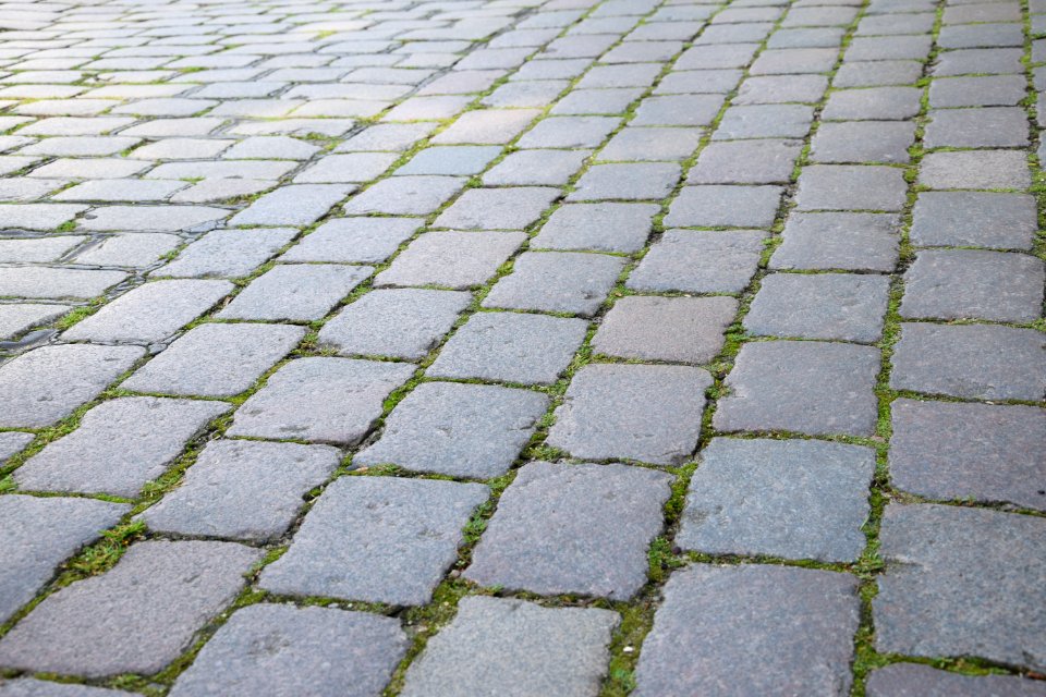 Cobblestone Grass Road Surface Walkway photo