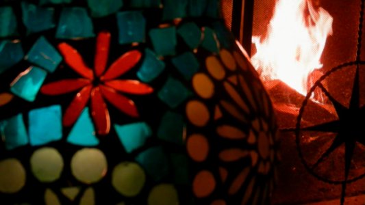 Wood Fire Burning, Snap, Stained Glass Candleholder, Metal Screen, Broadview, Seattle, Washington, USA