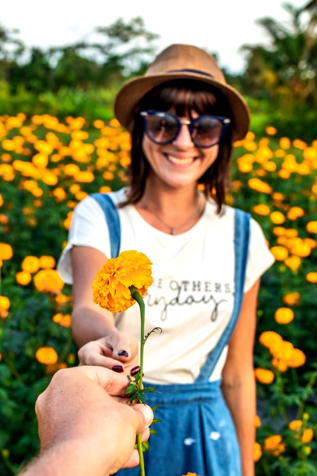 Man Gifting A Marigold Flower To Girl On A Marigold Field Man Hand With Yellow Flower