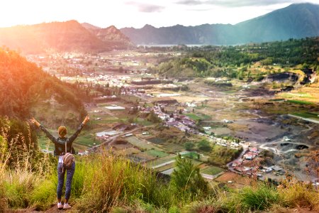 Woman Sstanding On Mountain In Morning Bali Island