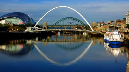 Newcastle Upon Tyne Quayside Panorama, On A Reflective Sunny Morning