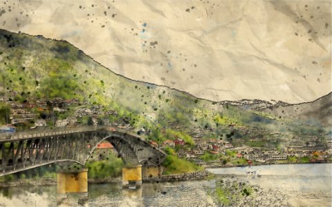 Mountain, Village, Bank, Landscape