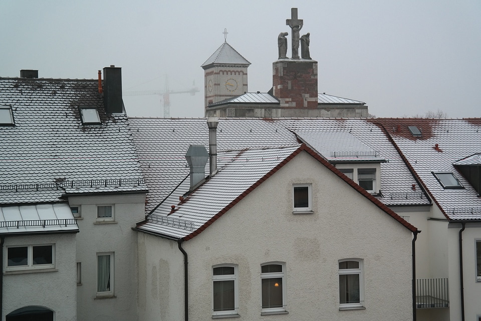 Church foggy wintry