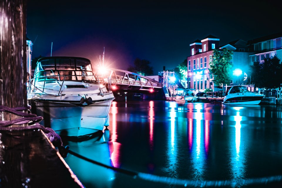 Reflection, Night, Water, Marina