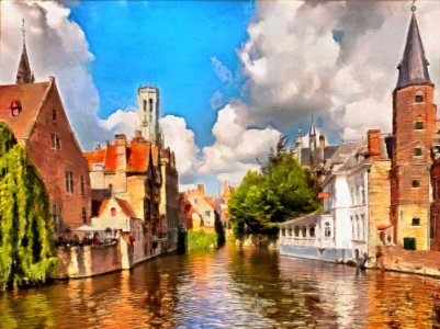 Waterway, Canal, Town, Painting
