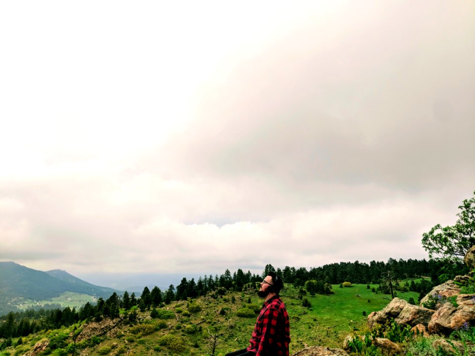Man Wearing Red And Black Plaid Shirt Standing On Green Grass Hill