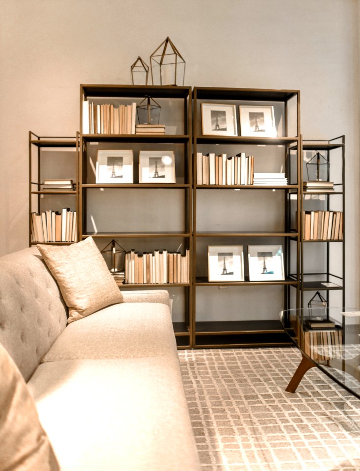 Brown Wooden Shelf And Beige Fabric Sofa