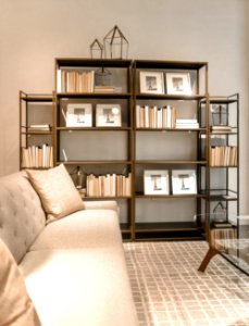 Brown Wooden Shelf And Beige Fabric Sofa photo