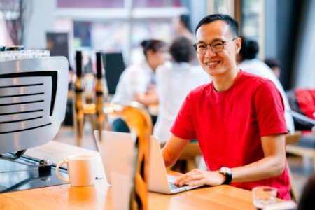 Man Wearing Red Crew-neck Shirt