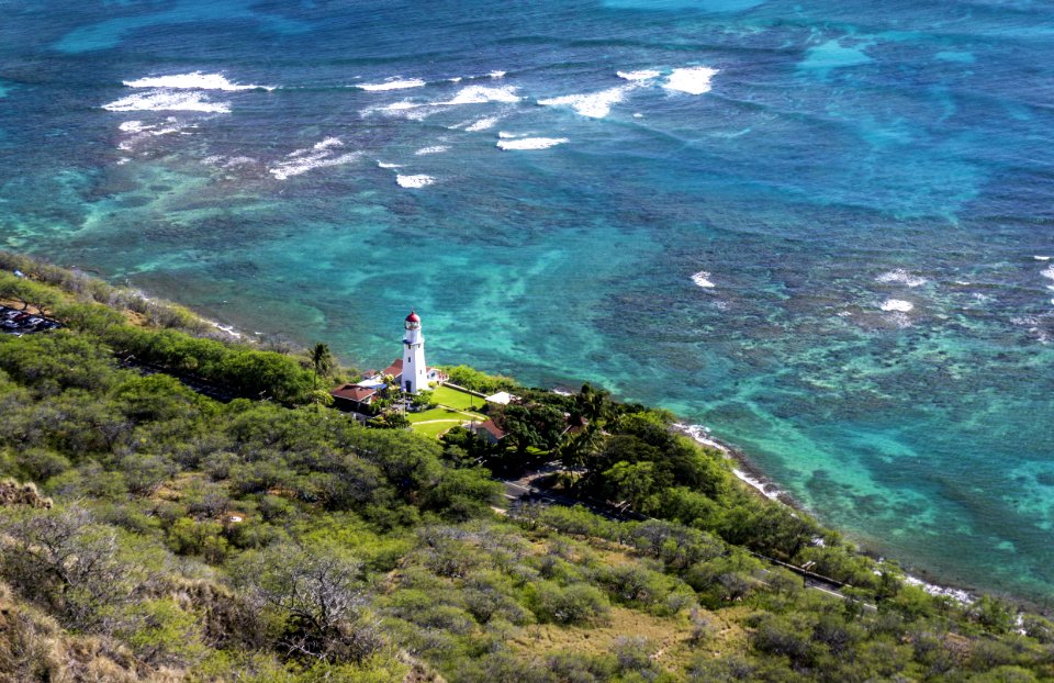 Aerial Photo Of White Lighthouse Near Beach And Trees