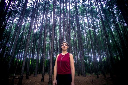 Woman Wearing Maroon Tank Top And Black Bottoms Surrounded With Brown Trees