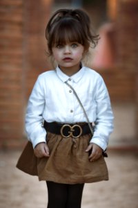 Girl Wearing White Dress Shirt And Brown Skirt photo