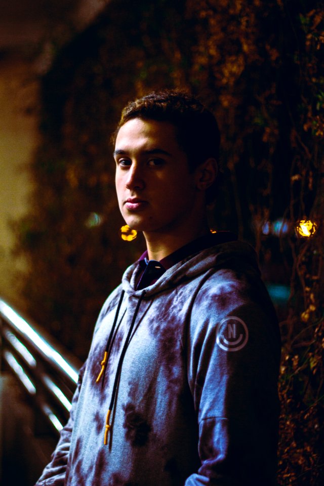Man Wearing Grey Pullover Hoodie Standing Near Vine Plant With String Lights