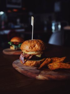 Burger On Brown Wooden Tray photo