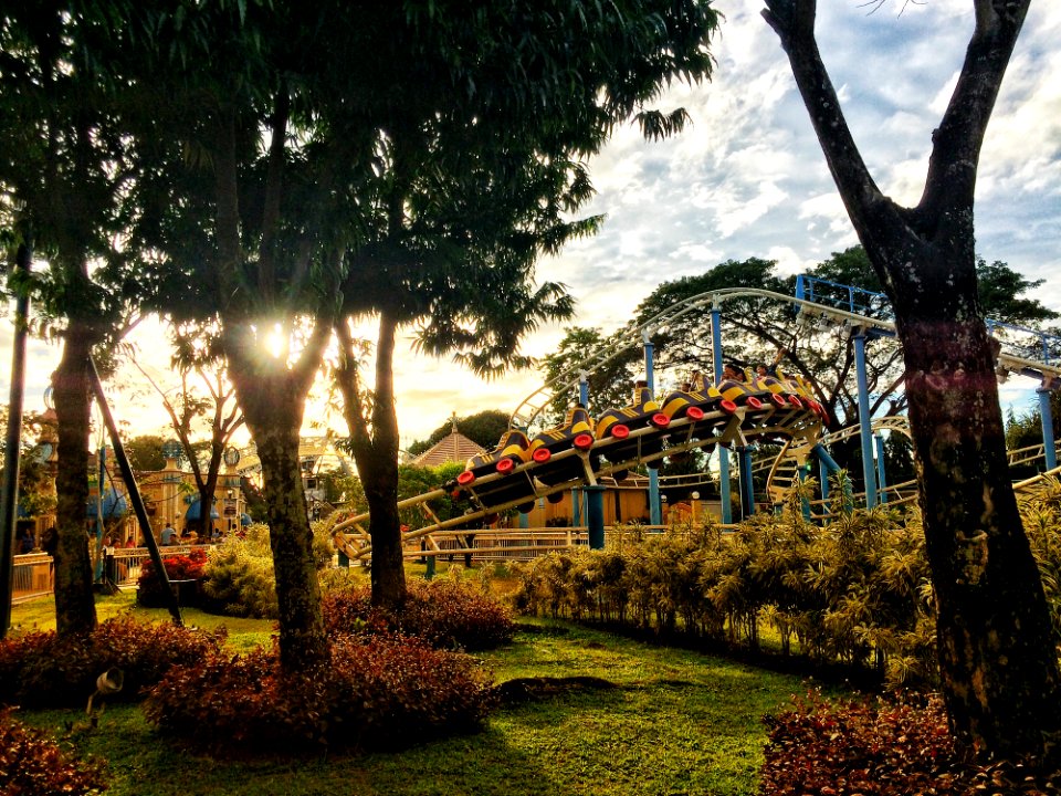 Roller Coaster Ride Near Trees Under Blue Clouds