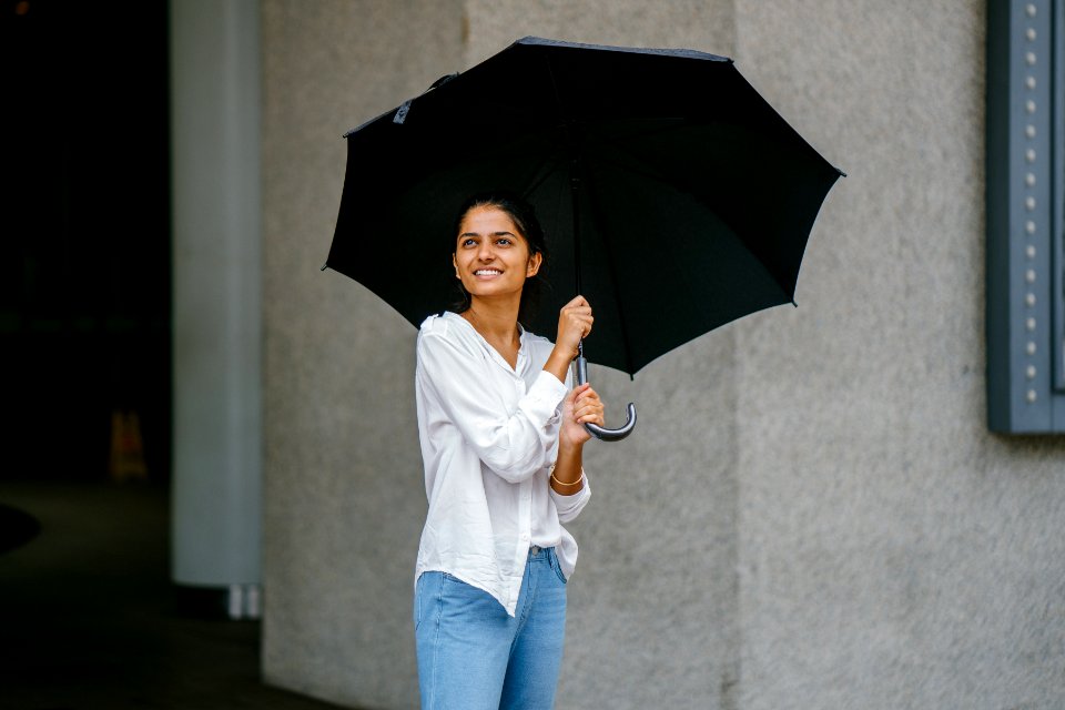 Woman In White Button-up Long-sleeved Shirt Holding Black Umbrella