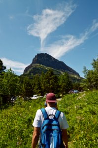 Man Wearing Blue Backpack Walking Between Plants photo