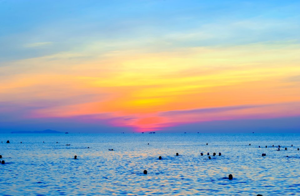People Swimming On Sea During Golden Hour