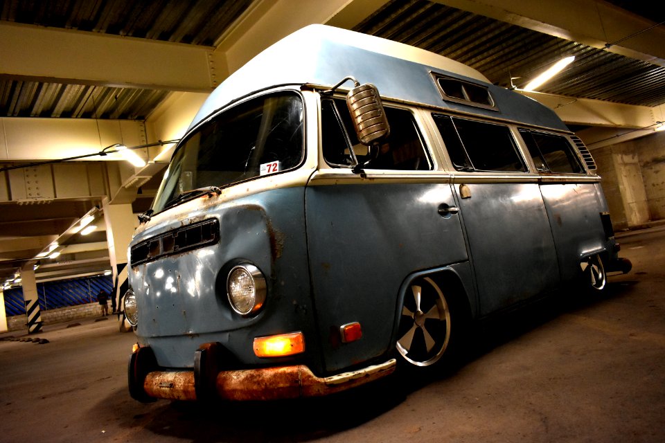 Classic Blue And White Van Parked Inside Building