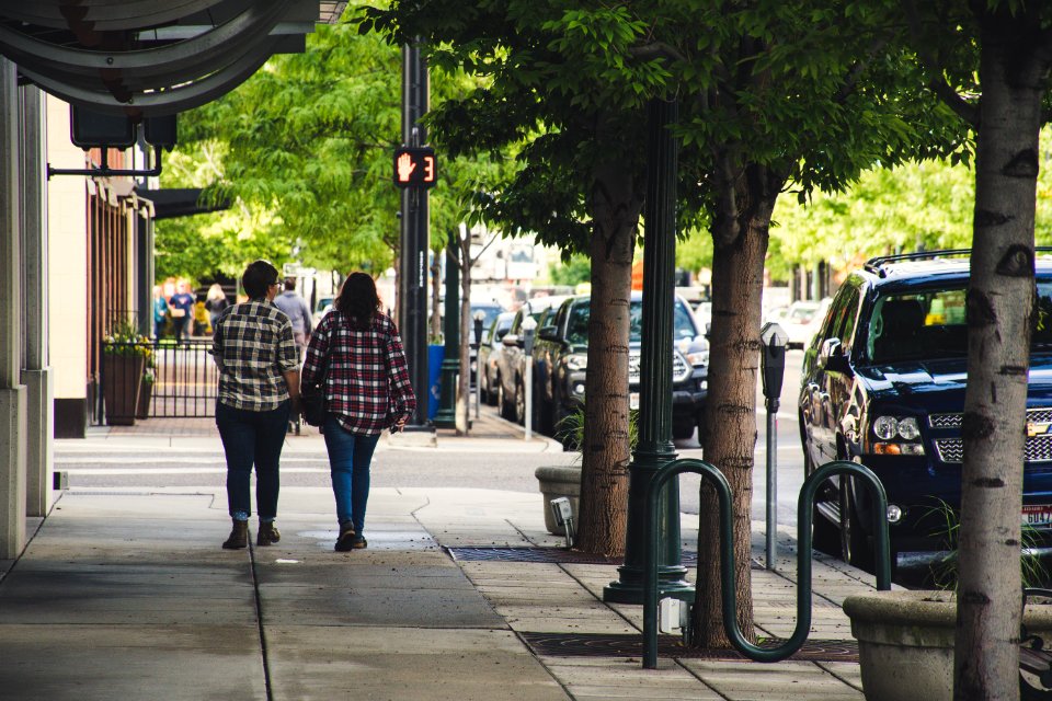 Two Woman In Plaid Sport Shirt Walking On Concrete Pathway Near Street photo