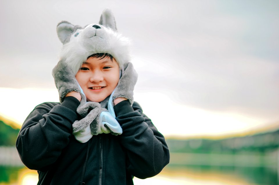 Boy Wearing Gray Dog Critter Hat