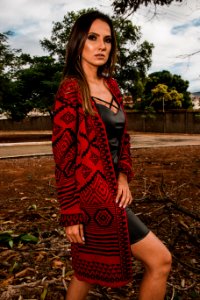 Women Wearing Red And Black Cardigan photo