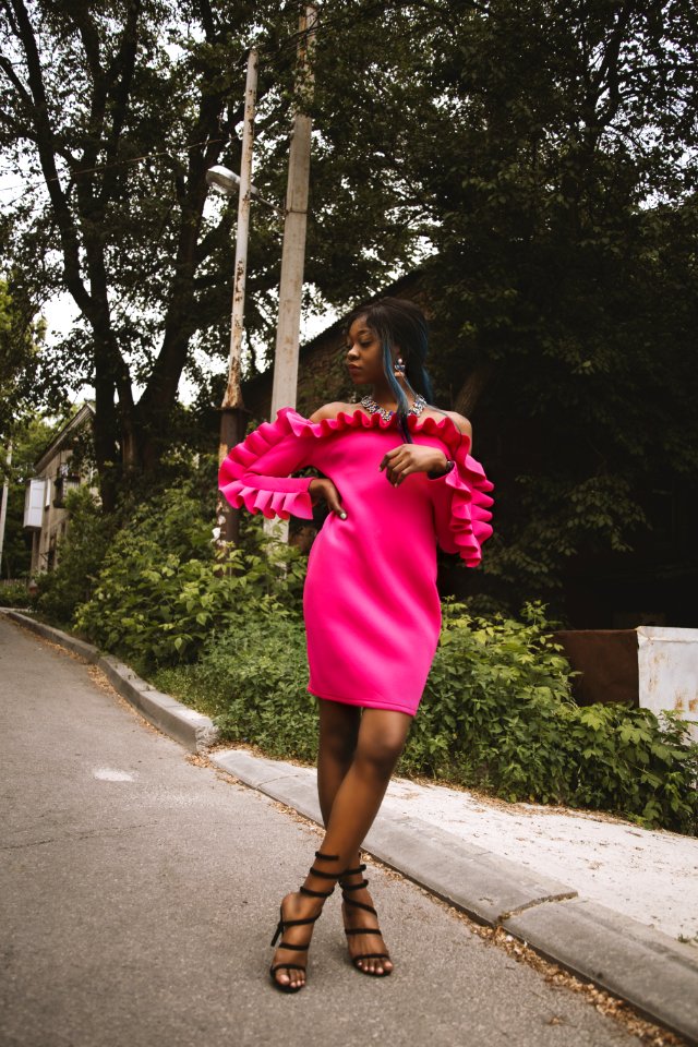 Womens Pink Long-sleeved Off-shoulder Dress