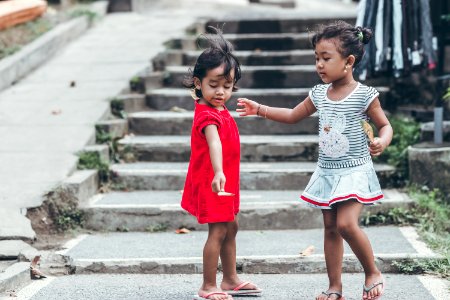 Two Toddler Wearing Red And Gray Dresses photo