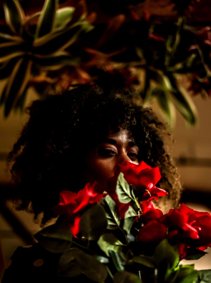 Woman Behind Red Flowers