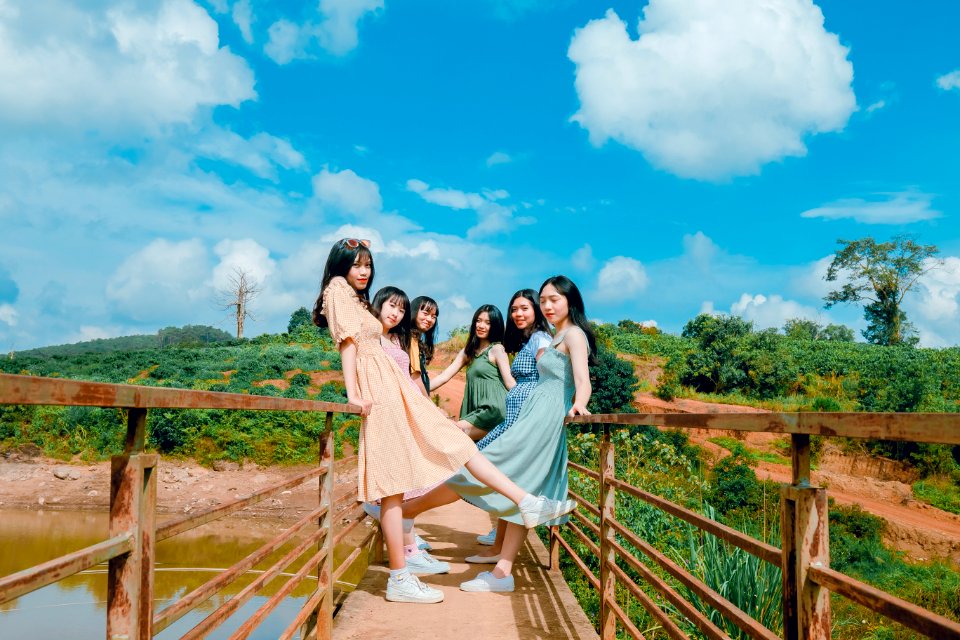 Group Of Women Standing On Brown Bridge