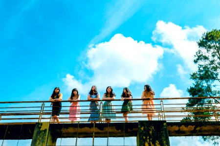 Six Women Wearing Dress Leaning On Bridge Rail