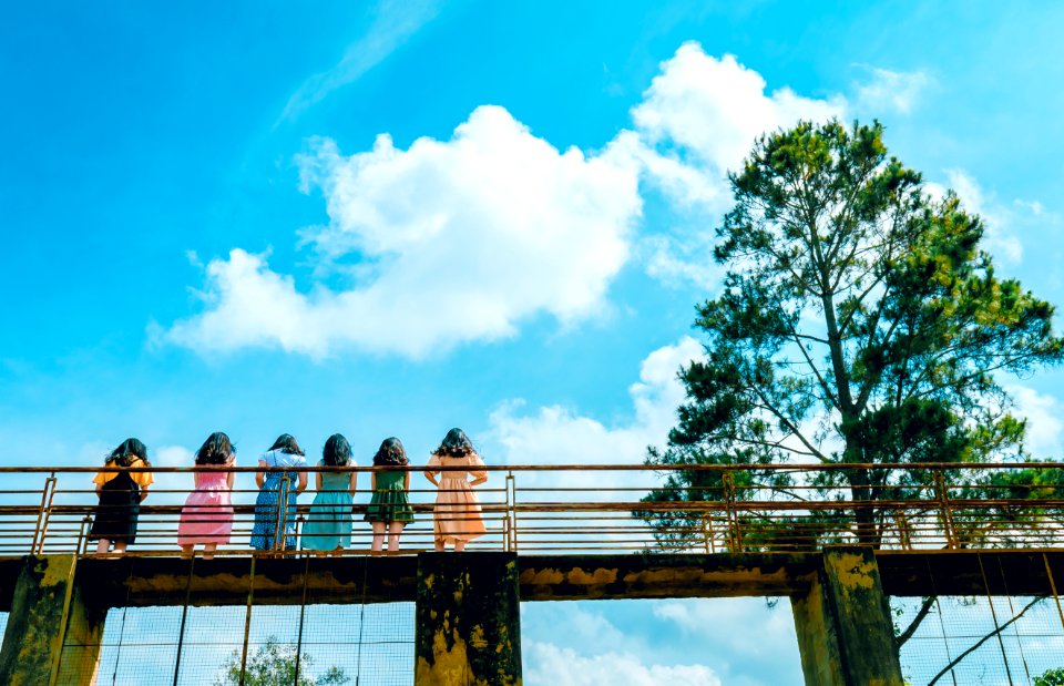 Six Girl Standing On Suspension Bridge