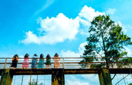 Six Girl Standing On Suspension Bridge photo