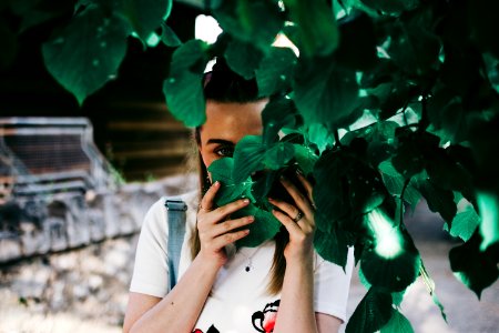 Woman Holding Leaves Covering Her Face photo