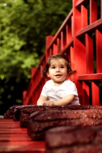 Baby Wearing White Crew-neck Shirt Beside Red Wooden Fence photo